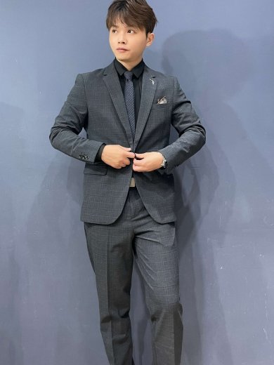 皇家格紋三件式套裝-深灰藍