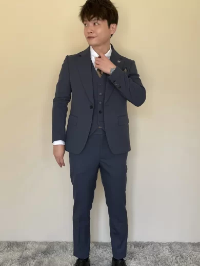 英倫直條紋三件式套裝-松葉藍
